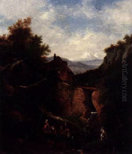 An Alpine Landscape With Figures By A Stream Oil Painting by Francois Diday