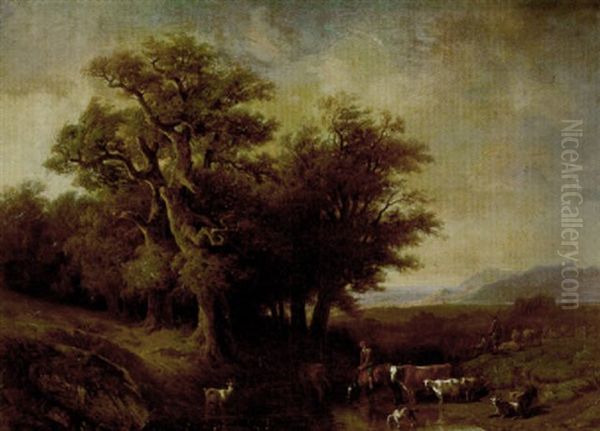 Landschaft Mit Hirte Und Seiner Herde An Einem Bach Oil Painting by Francois Diday