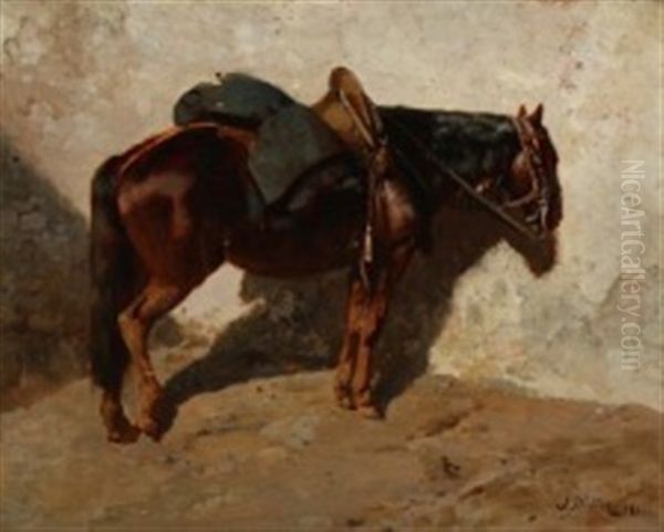 A Saddled Horse Oil Painting by Jules Didier