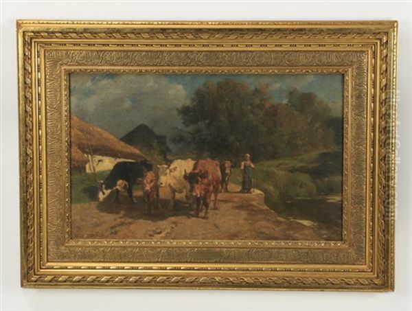 Peasant Woman Herding Cows In The Countryside Oil Painting by Jules Didier