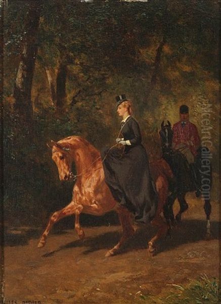 Couple On Horses In The Woods Oil Painting by Jules Didier