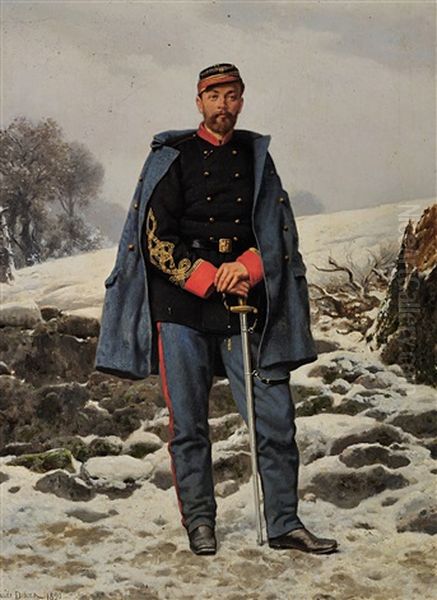 Officier En Pied S'appuyant Sur Son Sabre, Dans Un Paysage De Neige Oil Painting by Jules Didier