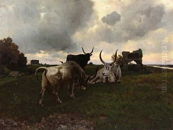 Landscape With Cattle On A Cloudy Day Oil Painting by Jules Didier