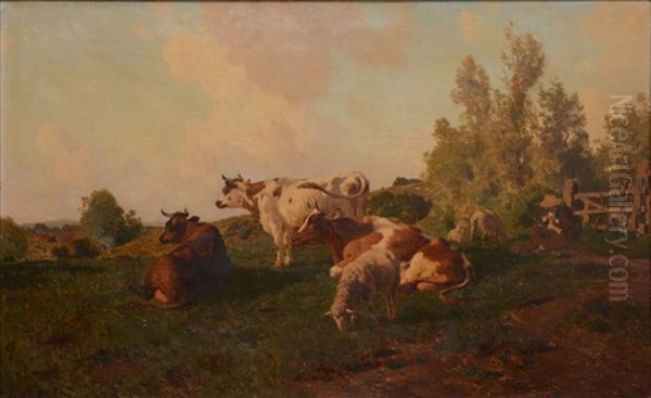 Berger Gardant Ses Vaches Et Ses Moutons Oil Painting by Jules Didier