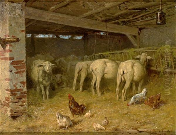 Blick In Einen Stall Mit Zahlreichen Schafen Und Federvieh Oil Painting by Jules Didier