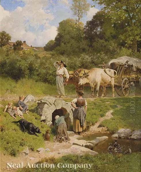 Farmer With Ox-wagon By A Stream Oil Painting by Jules Didier