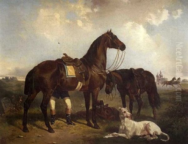 Rider With Bay Horses And Hound by Jules Didier