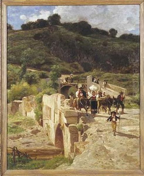 Paysans Traversant Un Pont Dans La Campagne Italienne by Jules Didier