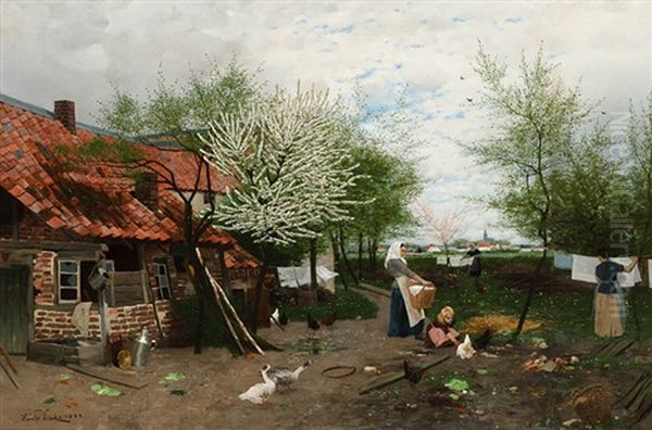 Apriltag - Geschaftiges Treiben Auf Dem Bauernhof Am Niederrhein Oil Painting by Harald Hugo Jacob Diecks