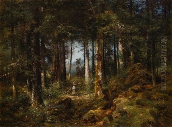 Girl In The Forest Oil Painting by Anton Heinrich Dieffenbach