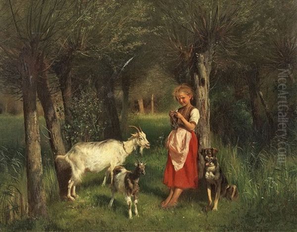 Strickendes Madchen Mit Zwei Ziegen Und Ihrem Hund Oil Painting by Anton Heinrich Dieffenbach