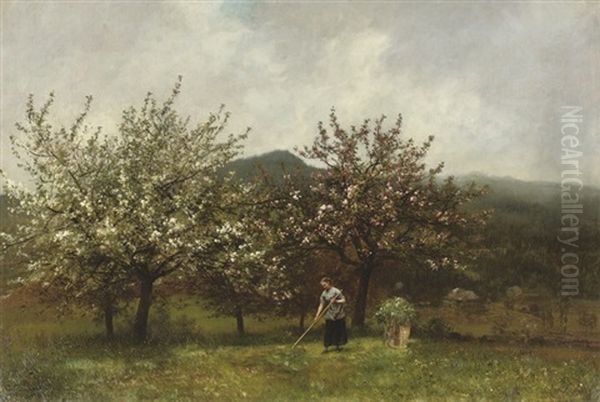 In A Flowering Orchard Oil Painting by Anton Heinrich Dieffenbach