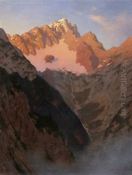 Sonnenaufgang Im Hollenthal An Der Zugspitze (aussicht Vom Hupfleitenjoch) Oil Painting by August Wilhelm Dieffenbacher