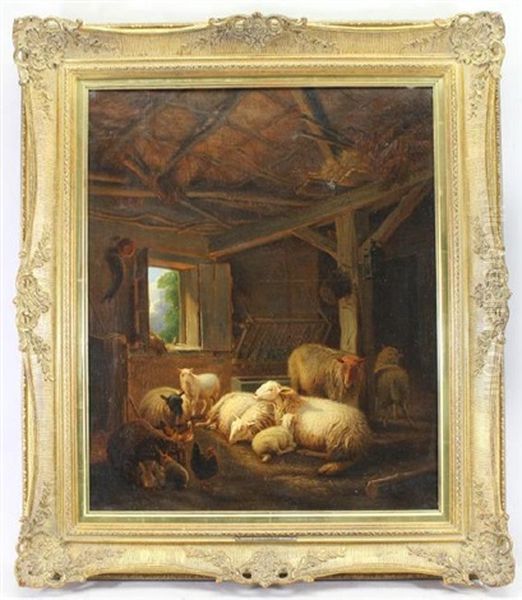 Sheep In A Stable Oil Painting by Joseph van Diegham