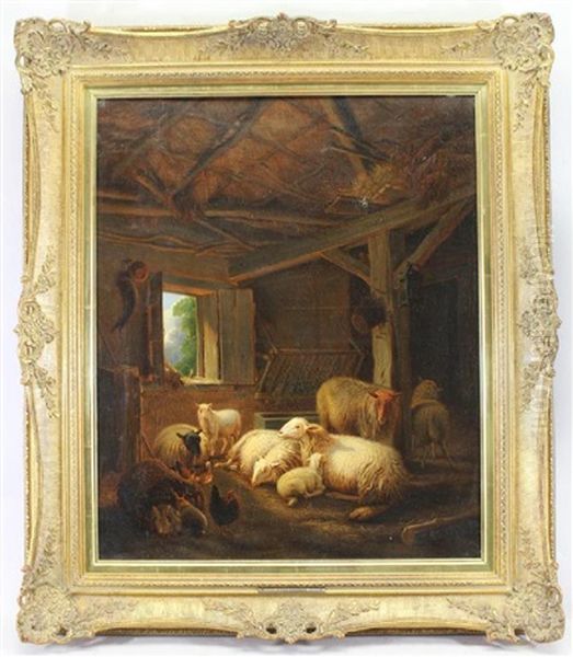 Painting Of Sheep In A Stable by Jacob Van Dieghem