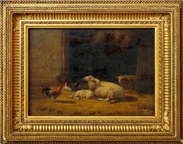 Sheep And Chickens In A Barn And Sheep And Chickens In A Field (a Pair) by Jacob Van Dieghem