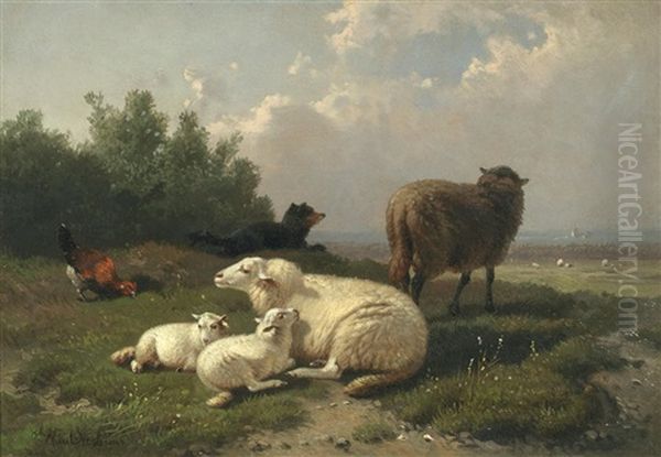 Sheep Resting; A Pair Each 16.8 X 24cm (6 5/8 X 9 7/16in).(2) Oil Painting by Jacob Van Dieghem