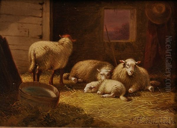 Sheep At Rest In A Barn And Sheep With A Lamb And Chickens In A Landscape (2 Works) Oil Painting by Jacob Van Dieghem