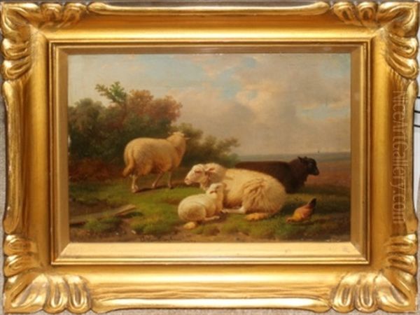 Sheep Reclining In Landscape With Chicken by Jacob Van Dieghem