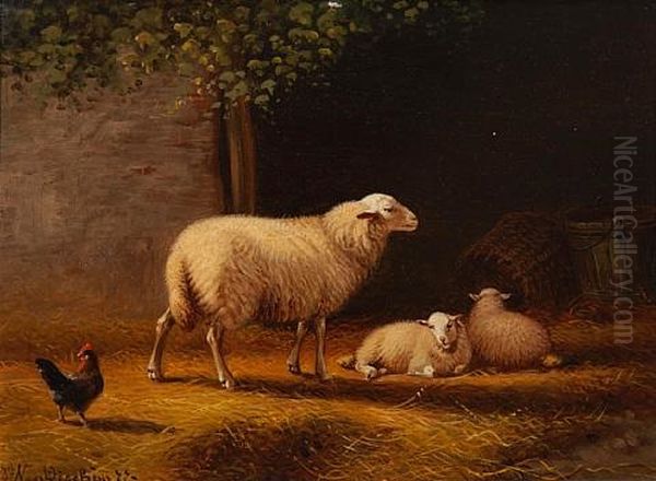 Ewe And Lambs Outside A Barn (+ Sheep And A Goat In A Landscape; Pair) Oil Painting by Jacob Van Dieghem