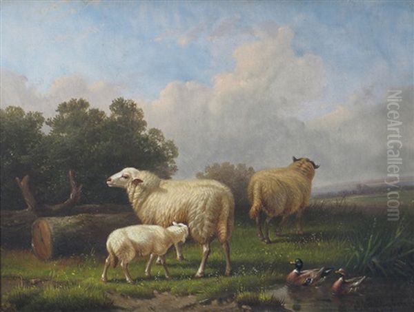 Sheep By A Barn (+ Sheep And Ducks In A Landscape; 2 Works) Oil Painting by Jacob Van Dieghem