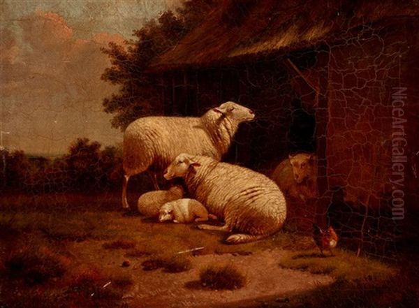 Sheep And Lambs Outside A Barn Oil Painting by Jacob Van Dieghem