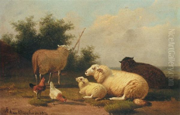 Sheep And Lambs Resting By The Coast Oil Painting by Jacob Van Dieghem