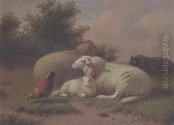 Sheep And Hen In A Landscape Oil Painting by Jacob Van Dieghem