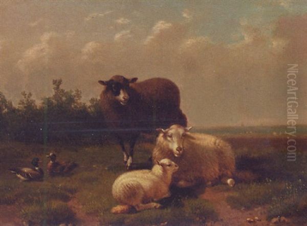 Sheep And Ducks In A Meadow Oil Painting by Jacob Van Dieghem