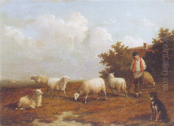 Sheep Grazing Oil Painting by Jacob Van Dieghem