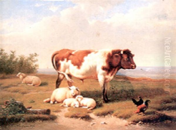 Cattle And Sheep In A Meadow Oil Painting by Jacob Van Dieghem