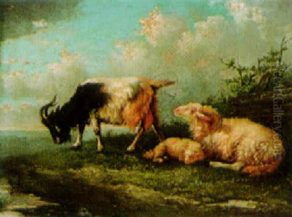 A Goat And A Sheep Watering Oil Painting by Jacob Van Dieghem