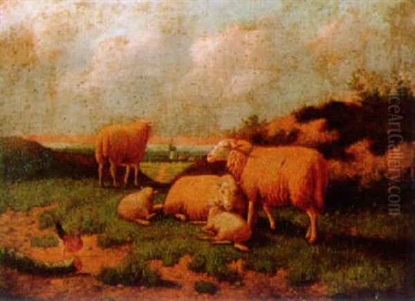 Sheep In A Sunlit Landscape Oil Painting by Jacob Van Dieghem