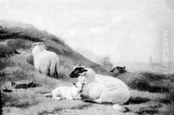 Sheep In A Coastal Landscape Oil Painting by Jacob Van Dieghem