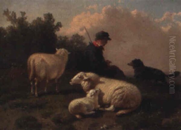 Herder And Dog Tending Sheep Oil Painting by Jacob Van Dieghem