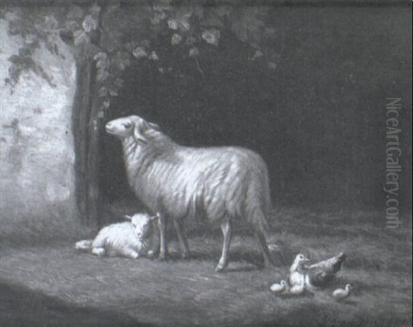 Sheep And Chicken Outside A Barn by Jacob Van Dieghem