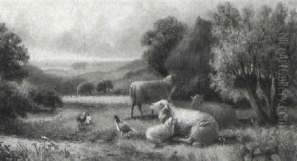 Sheep And Poultry In A Landscape Oil Painting by Jacob Van Dieghem