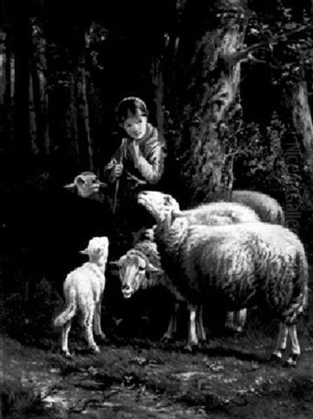 A Shepherdess With Her Flock Oil Painting by Jacob Van Dieghem