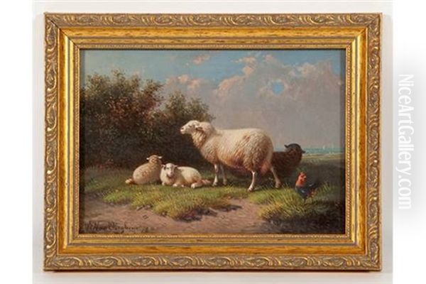 Family Of Sheep And A Rooster Oil Painting by Joseph Van Dieghem