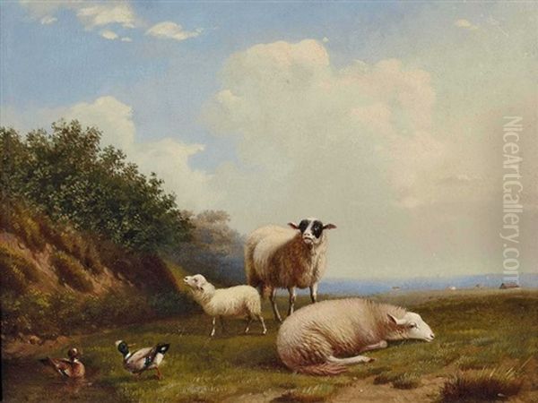 Schafe Und Enten Auf Der Wiese Oil Painting by Joseph Van Dieghem