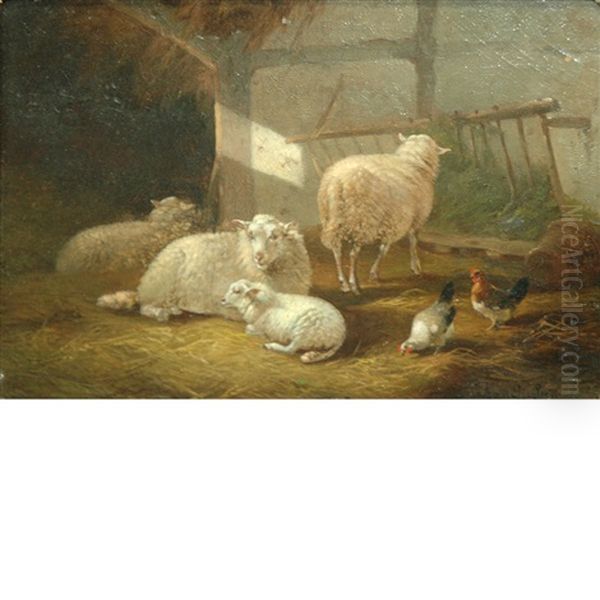 Sheep In A Clearing; Sheep In A Barn (2 Works) Oil Painting by Joseph Van Dieghem