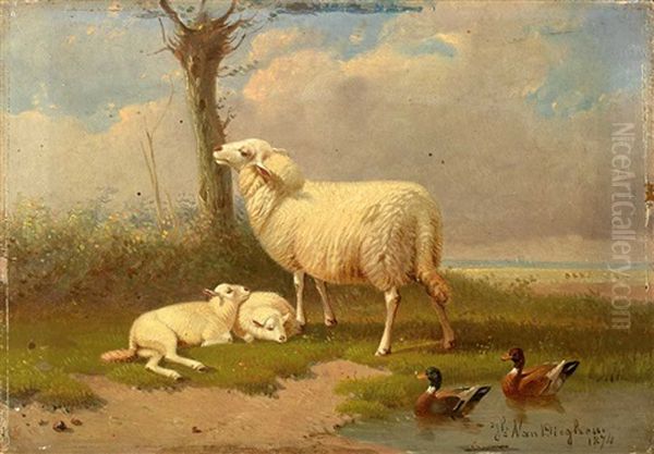 Schafe Und Enten In Besonnter Teichlandschaft Oil Painting by Joseph Van Dieghem