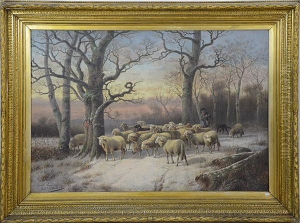 Berger Et Moutons Dans Un Paysage Enneige, Hal Oil Painting by Joseph Van Dieghem