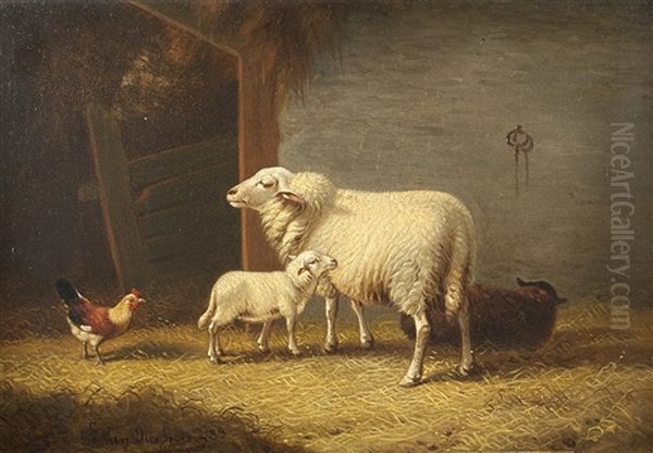 Schaf Mit Lamm Im Stall Oil Painting by Joseph Van Dieghem