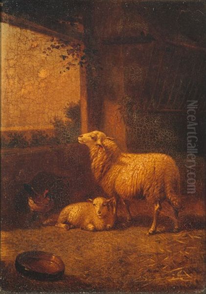 Sheep And Fowl In A Barn Interior Oil Painting by Joseph Van Dieghem