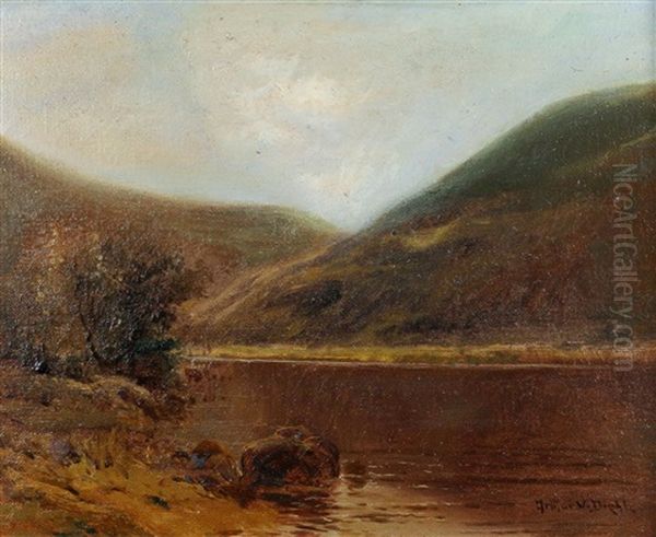 River Landscape With Hills Oil Painting by Arthur Vidal Diehl