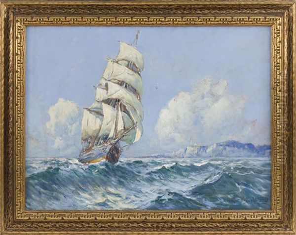 Clipper Ship And Lighthouse Oil Painting by Arthur Vidal Diehl