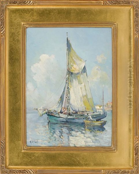 Sailboat And Skiff Moored Off The Coast Oil Painting by Arthur Vidal Diehl