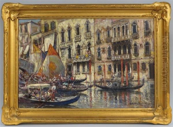 Bustling Venice Canal Scene Oil Painting by Arthur Vidal Diehl