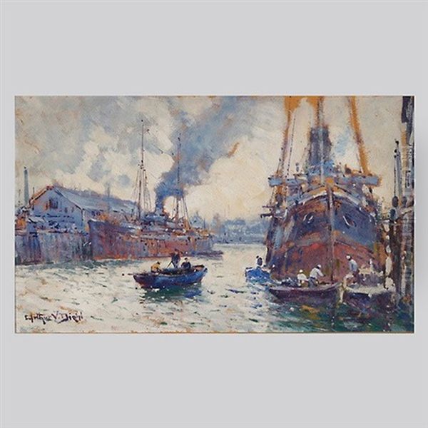 Steam Ships At Dock Oil Painting by Arthur Vidal Diehl